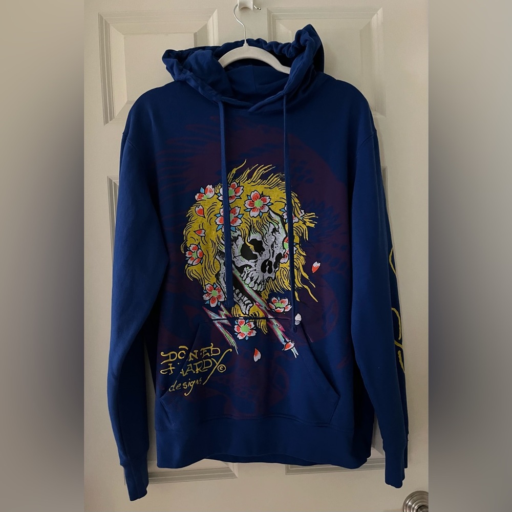 ED HARDY ROYAL BLUE BLONDE HAIR FLOWERS SKULL TATTOO SWEATSHIRT HOODIE Size L